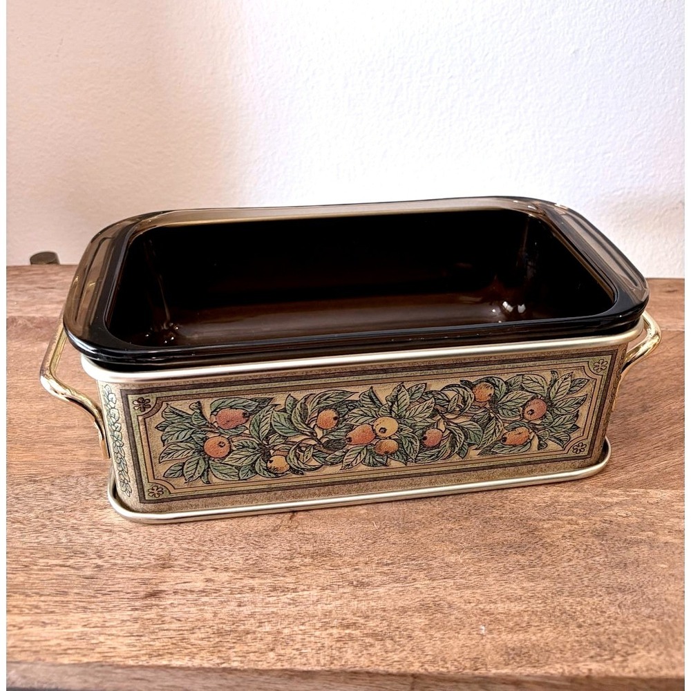 Vintage Pyrex Visions Amber Glass Loaf Pan Fruit Pattern Metal Carrier